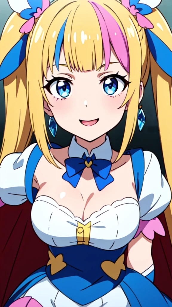 CURE SKY, DRESS, TWINTAILS, GRADIENT HAIR, AHOGE, BLUNT BANGS, HEAD WINGS, FINGERLESS GLOVES, WHITE SHIRT, PUFFY DETACHED SLEEVES, cape, THIGHHIGHS, BLUE LEGWEAR, gem, SINGLE EARRING, 1girl, solo, upper body, facing viewer, (looking at viewer:1.5), in the center, smile,
Open your mouth wide、a large amount of  on the face,、Tongue sticks out of mouth、Big Breasts、Cleavage、Close-up of face、slouch、Hard nipples protruding