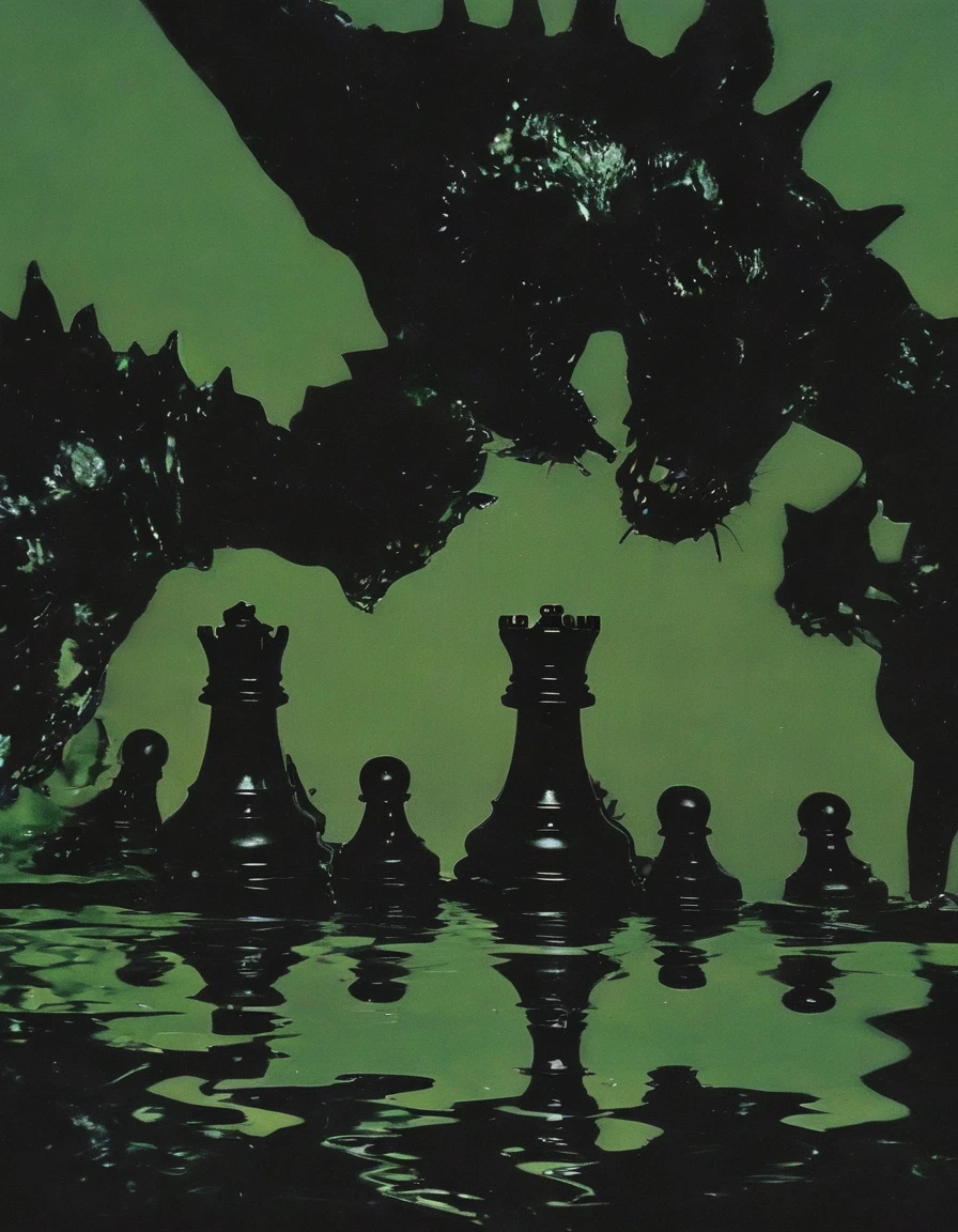 chess in black water, green sunset background