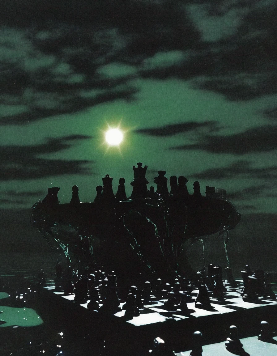 chess in black water, green sunset background