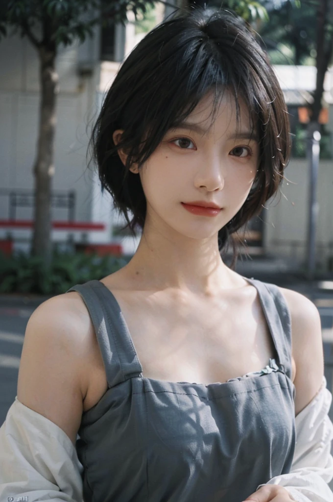 (Skin details:1.4), (smooth skin textures:1.3), Lipstick, background, earrings, serene, calm, (Realistic and detailed eyes:1.2), Natural skin texture, Realistic facial details, Soft dramatic lighting, Vivid details, 35 mm film, outdoor, (Photo Practical:1.4), (hyper Practical:1.4), (Practical:1.3), (Smoother lighting:1.05), (Improve lighting quality:0.9), (Highest quality real skin textures:1.4), Exquisite eyes, Delicate face, Close-up of face, (Enhance the beauty of skin texture:1.1), Hair details,(Large Breasts:1.3)normal body ratio, short hair, Moles under the eyes, A faint smile,Portrait Photography, Depth of Field, Bokeh, Surrealism, Ray Tracing, (Portrait Photography:1.1), Surrealism, High Detail, Chiaroscuro, Ray Tracing, reflected light, Ultra HD, Ultra HD, masterpiece, Textured Skin, Super Detail, High Detail, high quality, best quality