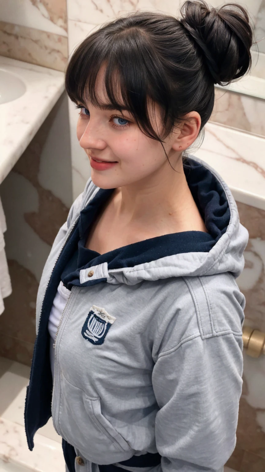 1 Girl, Beautiful, , 20 Years Old, White Skin, , naked , Skinny, ,  , standing in The Bathroom,attractive , seductive, , , medium breasts, black Hair,  messy bun hairstyle, raised up arms, ((adorable:1.1)), ((masterpiece:1.1)), Sleepy Cute Face, grey hair,silver messy hairstyle, blue eyes, attractive, seductive, dynamic angle, soft laughter, (Shoulder off outer Jacket),  (8k, RAW photo, best quality, masterpiece: 1.2), (realistic, realistic: 1.37),  ,(((masterpiece))),(best quality),solo, extremely detailed, detailed face,(full body:1.2), the portrait is centered,(close-up:1.4),upper body,(from above:1.4),(wide-angle lens:1.2), looking at viewer,