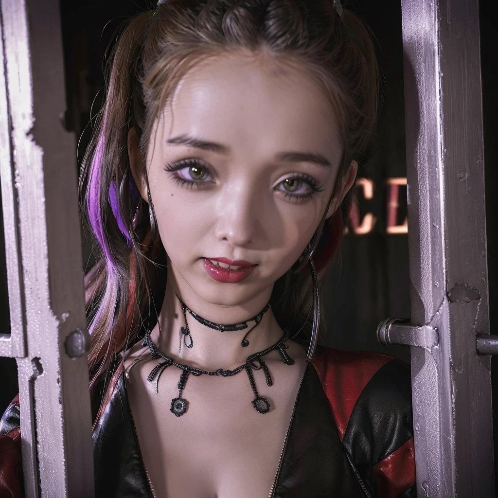 realistic, photorealistic, hyper-detailed, 1girl, Harley Quinn, beautiful detailed eyes, beautiful detailed lips, extremely detailed face, long eyelashes, crazy makeup, sexy small outfit, guns, pet hyenas, posing crazy and sexy, Joker themed throne, Fun House of Death, fantasy, dark, dramatic lighting, moody atmosphere, vivid colors, cinematic composition, intricate details, highly polished, digital art