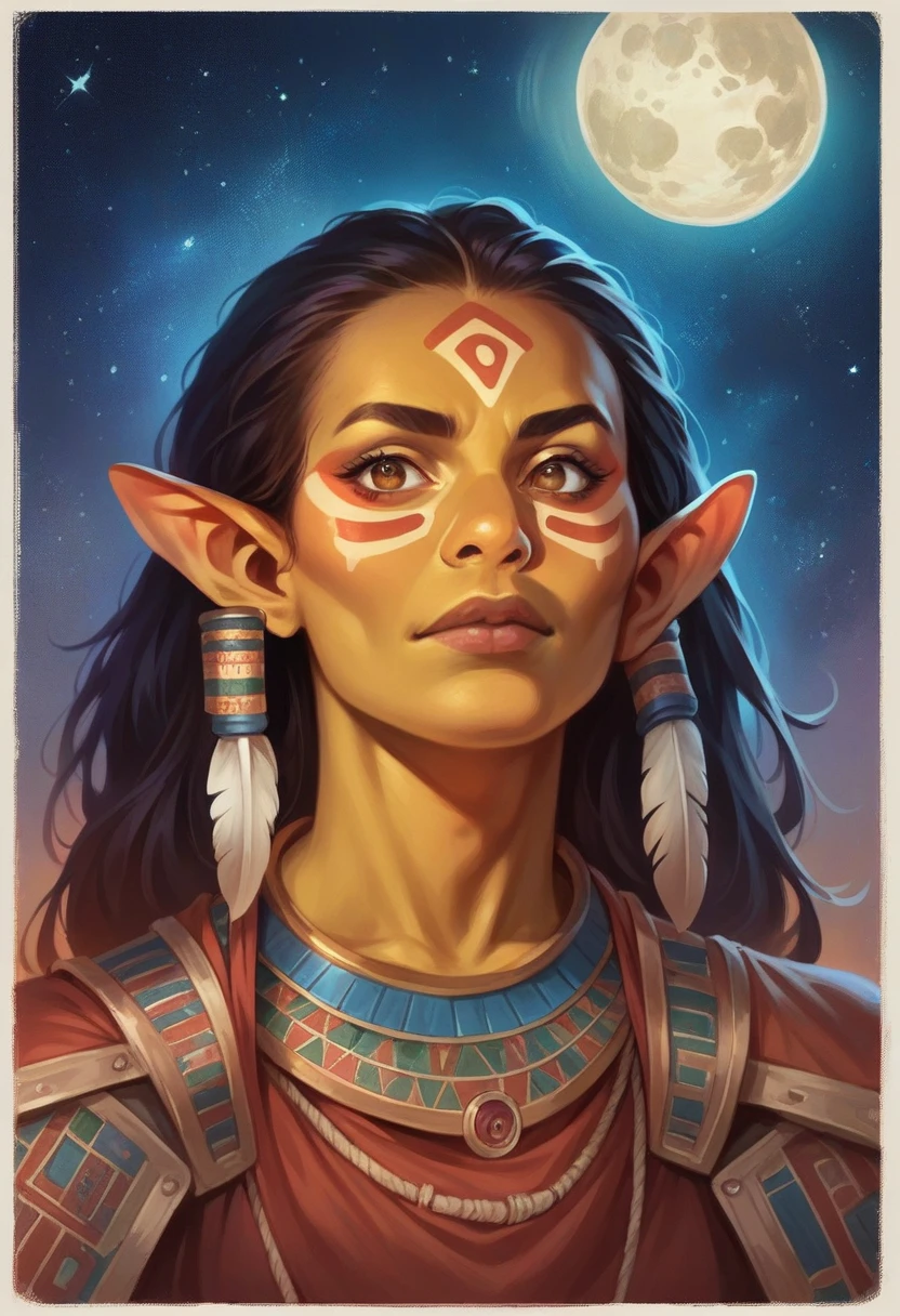 a middle-aged indigenous woman of the Guarani tribe in brazil, olive skin, small eyes, some feathers, slightly square chin, face painted with patterns and colors, starry sky and full moon, large bright spacecraft, 8k, photorealistic, cinematic