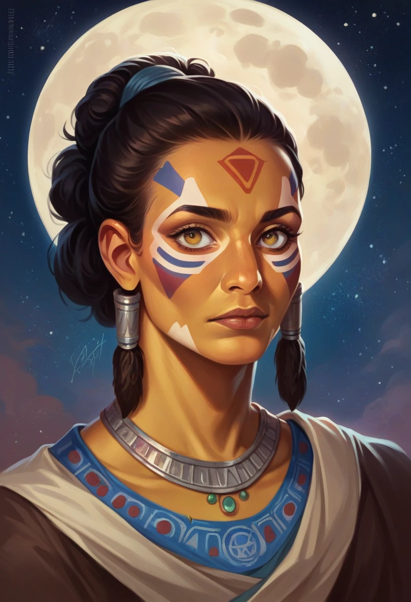a middle-aged indigenous woman of the Guarani tribe in brazil, olive skin, small eyes, some feathers, slightly square chin, face painted with patterns and colors, starry sky and full moon, large bright spacecraft, 8k, photorealistic, cinematic