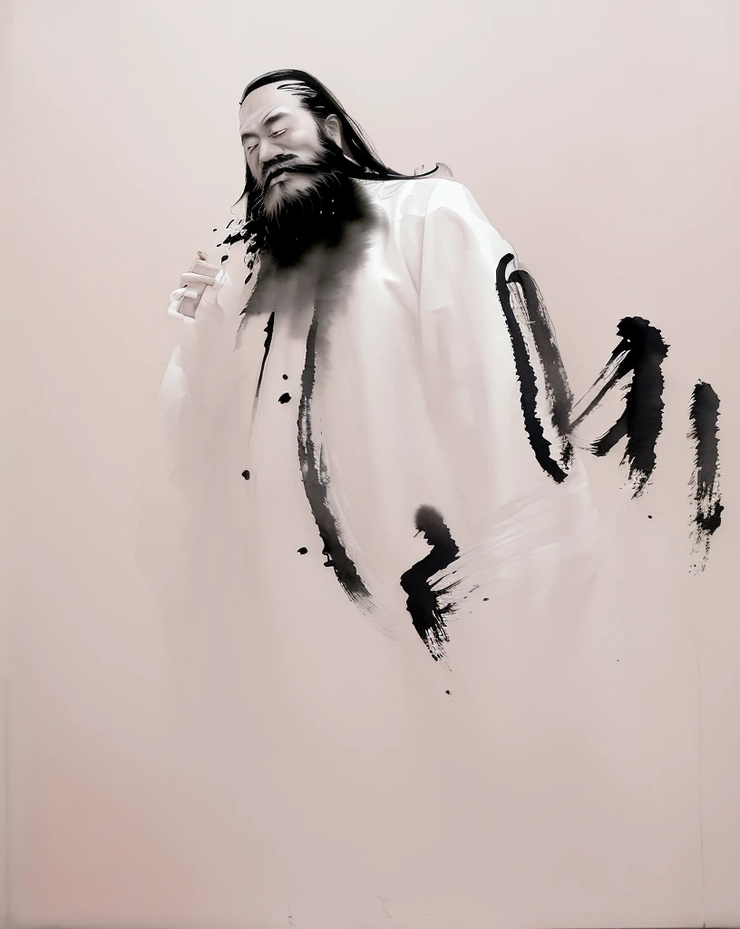 zydink, monochrome, ink sketch, 1boy, asian (middle age man), (long beard, facial hair), fighting stance, looking at viewer, long hair, floating hair, hanfu, chinese clothes, long sleeves, (abstract ink splash:1.2), white background