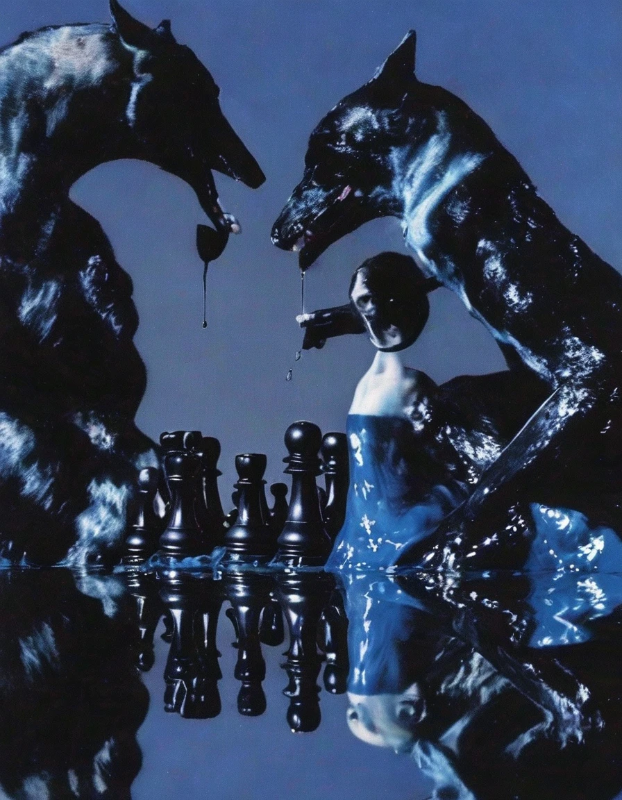 chess in black water, blue background