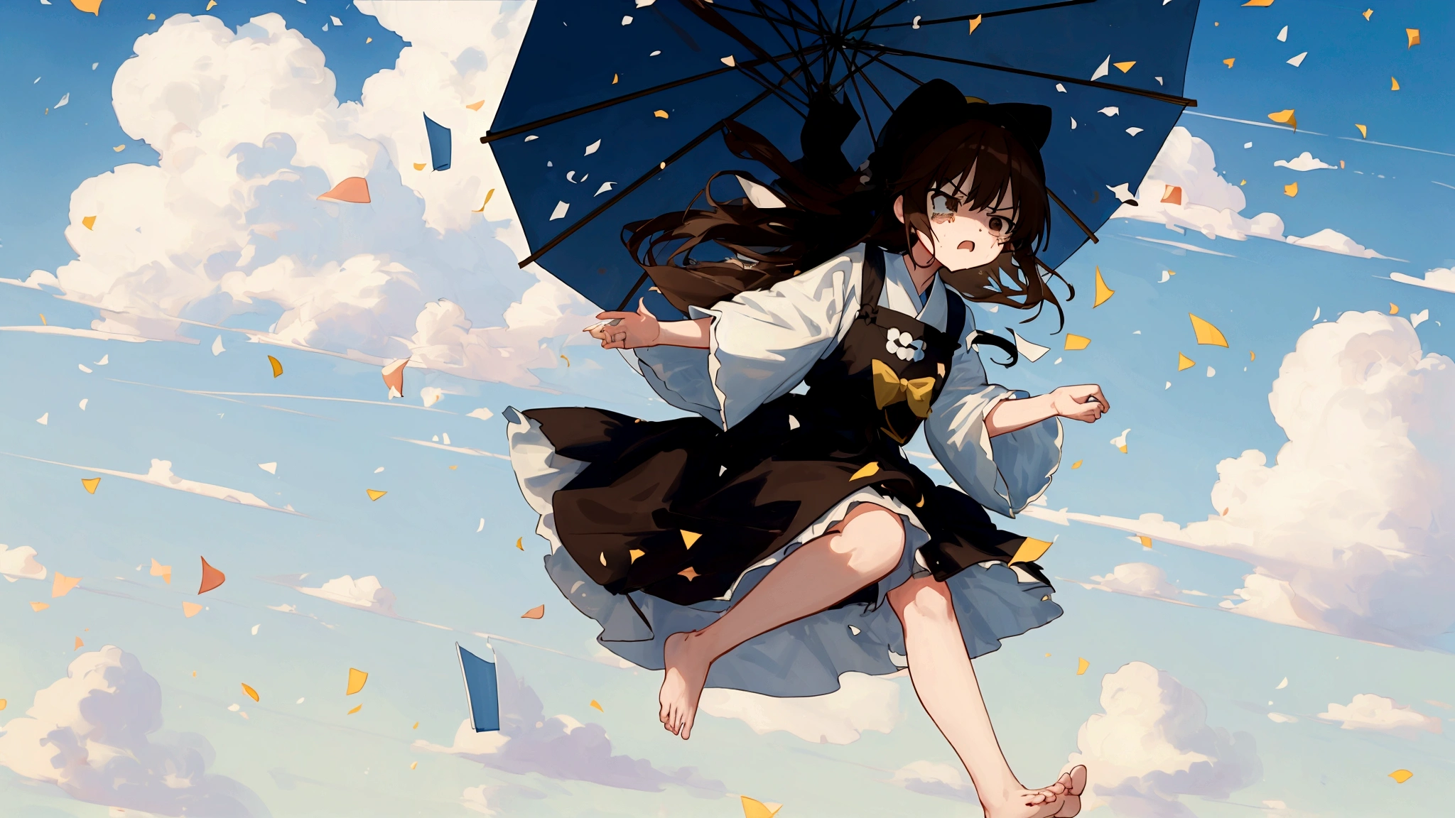 ((Highest quality)), ((masterpiece)), ((Very detailed)),Floatingする女の子,Angry expression,floating,Floating,Confetti,Brown Hair,tears,Rapid rise,最高masterpiece,Blue sky and clouds only background,Feet in the air