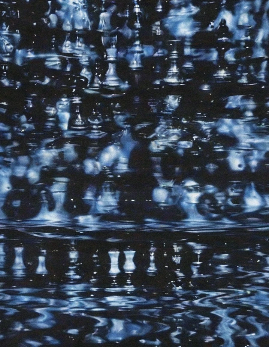 chess floor in black water, blue background