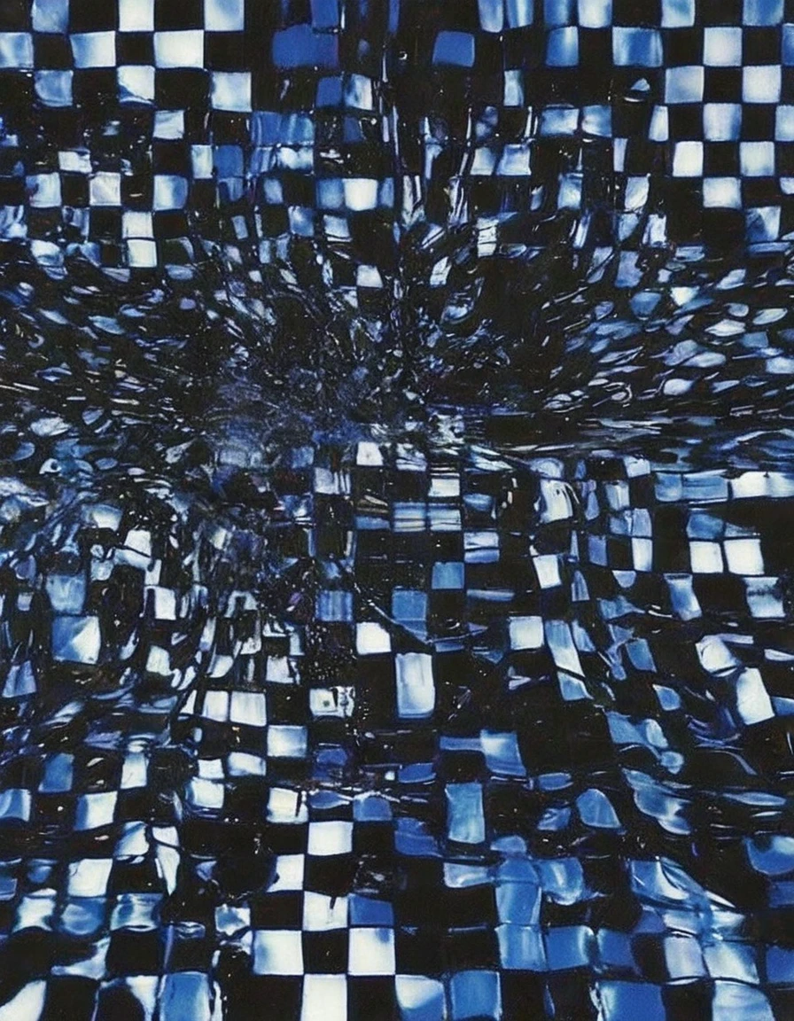 chess floor in black water, blue background