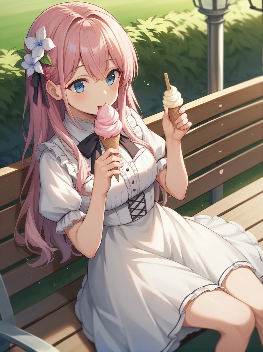 ((Best quality)), ((masterpiece)), (detailed), ((perfect face)), One Girl、Pink long hair、blue eyes、White flower hair ornament、A white dress with black lace、large pink ribbon on the chest、hydrangea、たくさんのhydrangea、sitting on a park bench、Eating ice cream