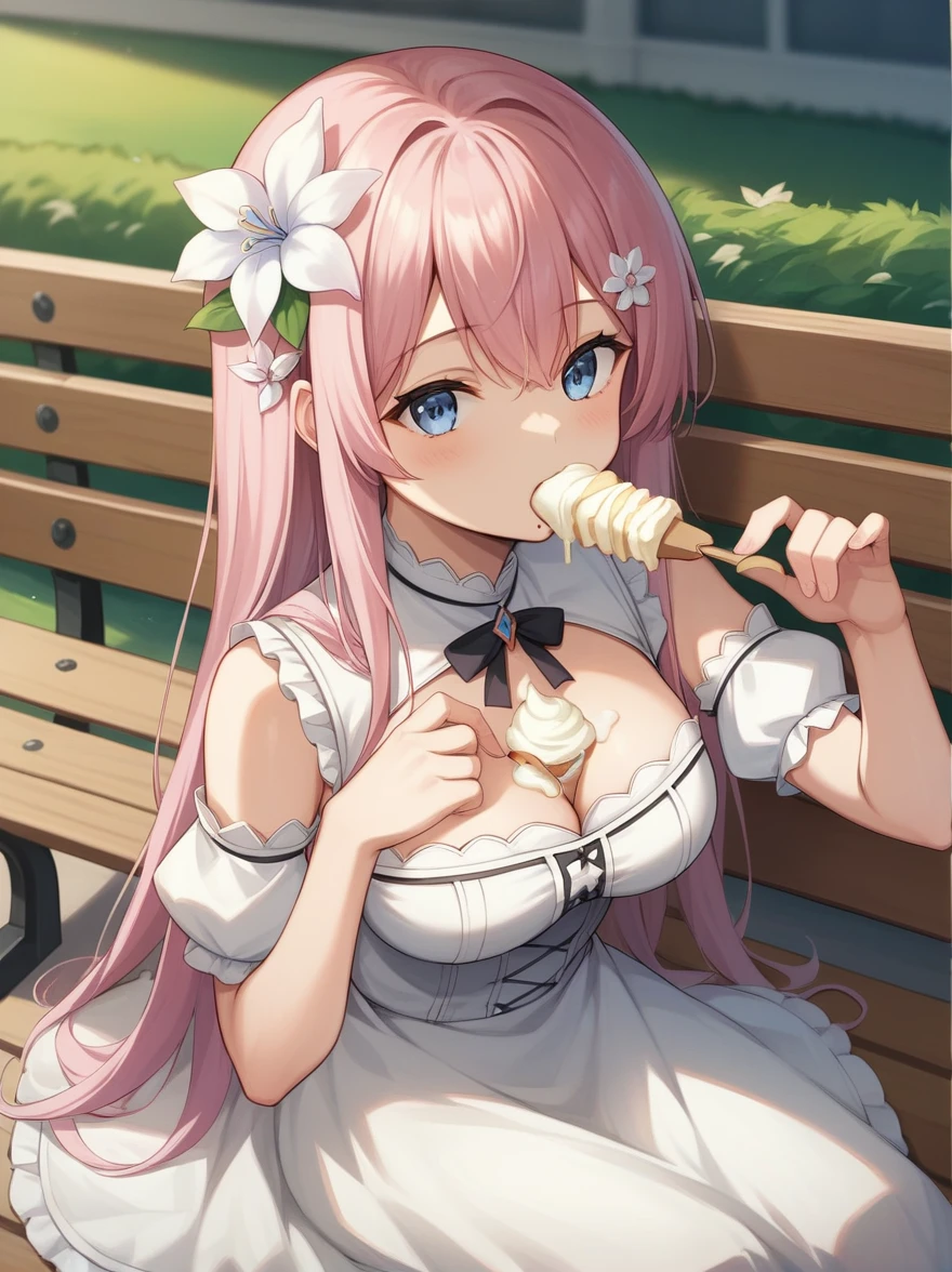 ((Best quality)), ((masterpiece)), (detailed), ((perfect face)), One Girl、Pink long hair、blue eyes、White flower hair ornament、A white dress with black lace、large pink ribbon on the chest、hydrangea、たくさんのhydrangea、sitting on a park bench、Eating ice cream