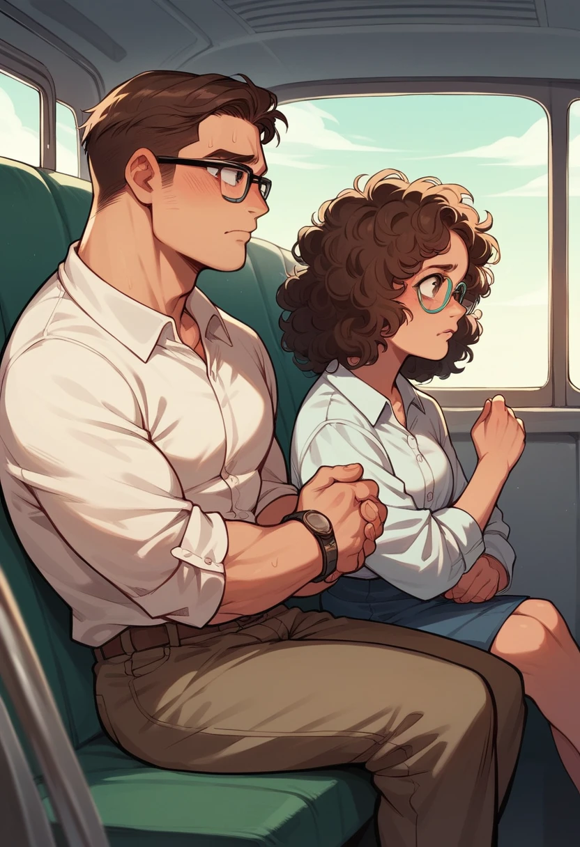 1 chico, with glasses, curly hair, brown hair, about 19 years old, seated, in the back seat of a bus, looking to the camera, shy, handsome