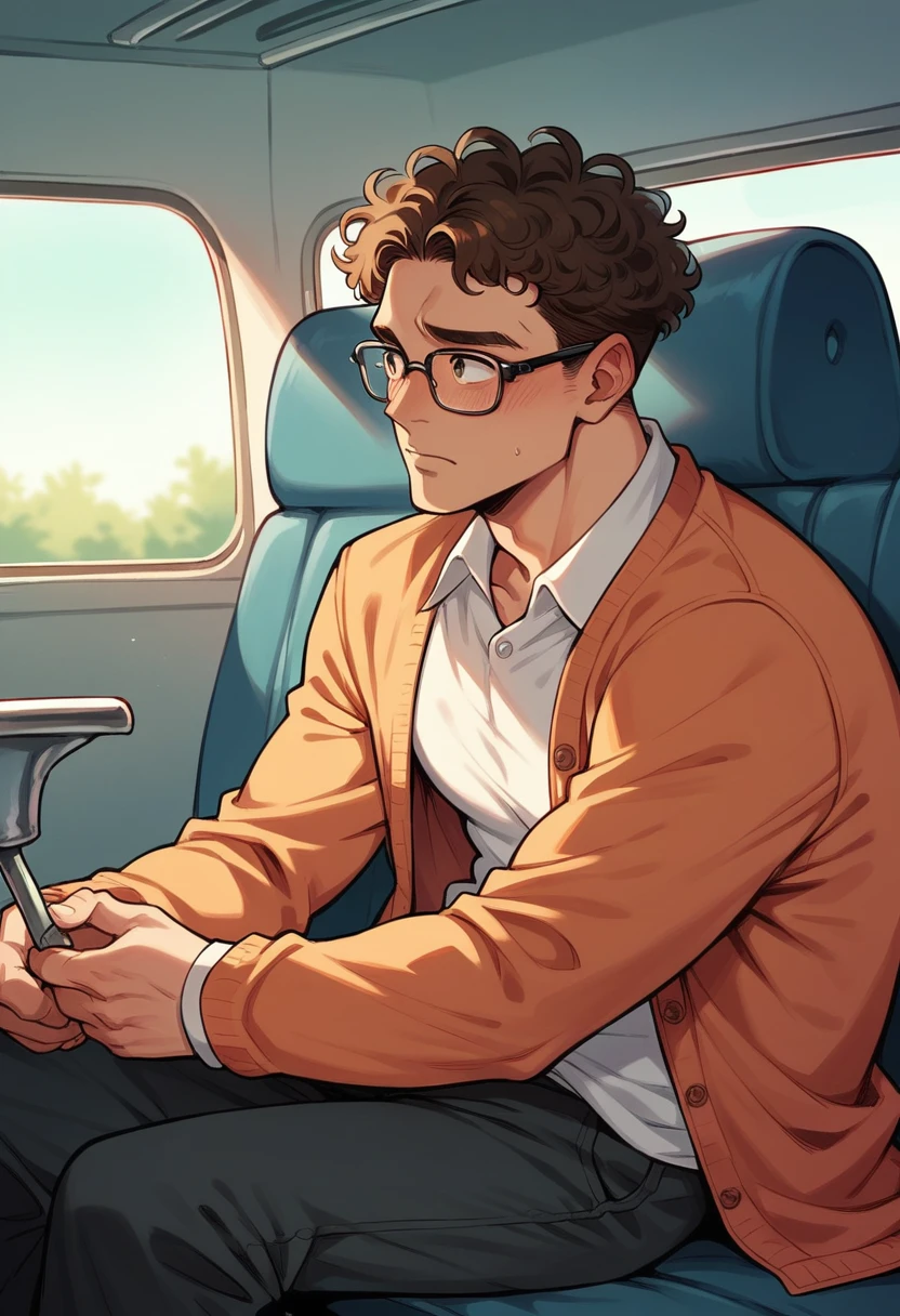 1 chico, with glasses, curly hair, brown hair, about 19 years old, seated, in the back seat of a bus, looking to the camera, shy, handsome
