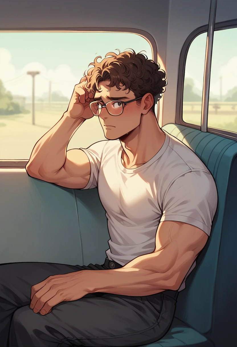 1 chico, with glasses, curly hair, brown hair, about 19 years old, seated, in the back seat of a bus, looking to the camera, shy, handsome