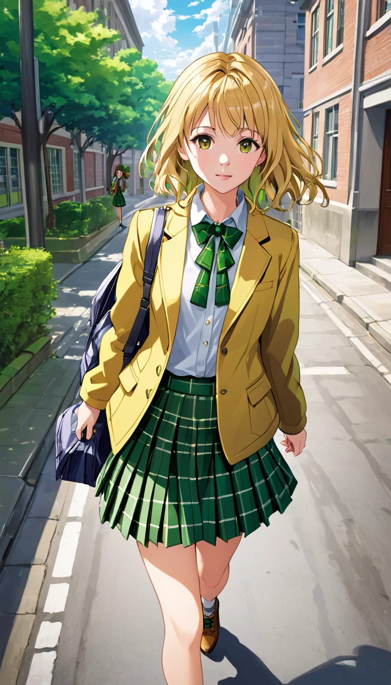 masterpiece, best quality, highres, 1girl, solo, blonde medium hair, brown eyes, , green bowtie, blazer, yellow jacket, long sleeves, plaid skirt, green skirt, walking on street,holding a school bag ,from above