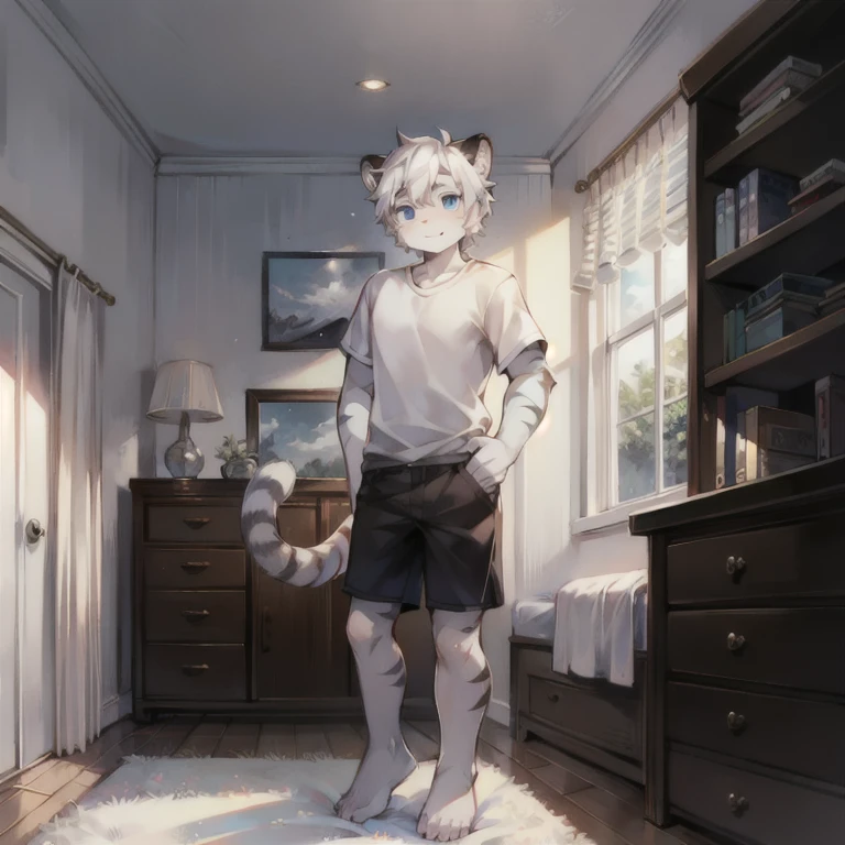 ager, Short white hair, ear, Lower Body, bedroom,Standing,hairy, White hair everywhere, White hair everywhere, White Tiger, Tiger Tail, masterpiece, High quality portrait, Humanoid, youth style, posture, panoramic, White Tiger型, White short sleeve, Black shorts, super Handsome face, Handsome, Tiger Youth, blue eyes, White Tiger, white ear, barefoot