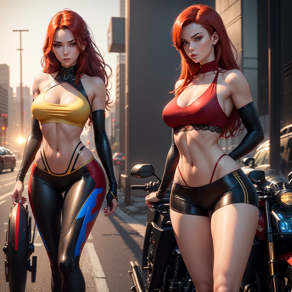 detailed illustration of a beautiful young woman, perfect physique, slender and graceful forms, large imposing chest, charming modesty, red hair, perfection (shy), wearing a small low-cut lace top and shorts made of fine red, blue and gold lace  [stylish] tight-fitting next to a futuristic sports bike on a cyberpunk street in the setting sun.  8K resolution, full length shot 