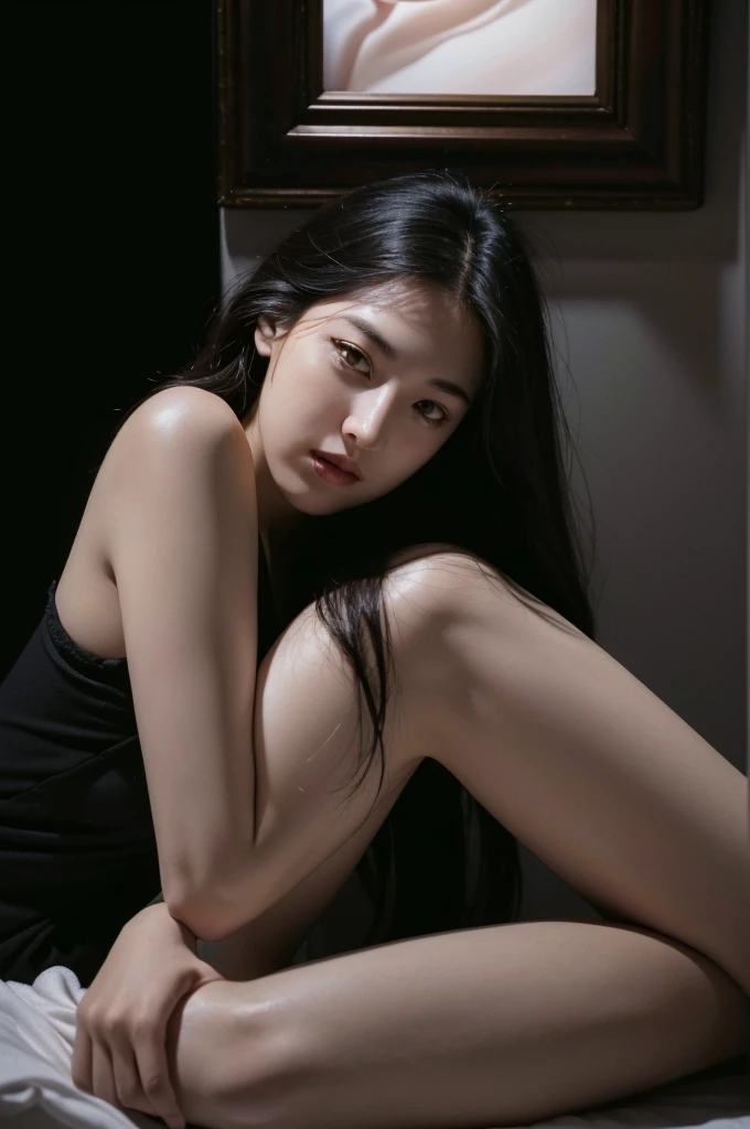 ((You may be one person to the world but you may also be the world to one person, paradox, Adrian Ghenie, jenny saville, edward hopper, dark art by James Jean, Takato Yamamoto)),(RAW photo, best quality), ((Nostalgia,1980s syle)),(A girl with a literary atmosphere:1.2),(realistic, photo-realistic:1.3), extremely delicate and beautiful, Amazing, finely detail, masterpiece, ultra-detailed, highres,best illustration, best shadow,intricate,depth of field,1girl,(long legs:1.4),long hair,messy hair,((((low key,dark scene,dimly lit)))),fat,(((soft lighting:1.4))),(pale skin:1.4),(shy smile),(cinematic angle),sharp focus, volumetric fog, 8k UHD, DSLR, high quality,( film grain:1.4), Fujifilm XT3,(looking at viewer)