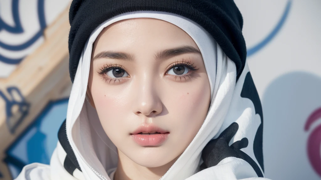 1girl, solo, pretty face, eyelashes, nose, glossy lips, (detailed eyes, looking at viewer, fair skin, white skin: 1.5), smooth skin, wearing hijab, 8k portrait of beauty in hijab, intricate, graceful, highly detailed, majestic, digital photography, hyper realistic, Masterpiece, Best Quality, All parts of the body except the face and hands are covered with clothing, Tudung, ((do not let the hair come out of the hijab)), full hijab, ((all parts of the body covered by clothes except the face)), Best Quality, (graffiti:1.5), paint splatter, jacket, On wall, paint can, looking at viewer, head slanted, clothing color (Wear a hooded military uniform), cyberpunk city