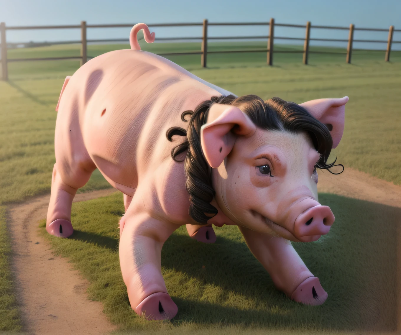 ((Naked solo Woman outside in grass opened field), ((on all four hooves)), ((long curly pig tail)), ((wider hips)), ((woman reposition herself into pig stand)), (hands turns into hooves)), ((feet turns into hooves)), ((pig ears)), ((pig fur growing)) , ((pig nose)), blue eyes, ((stands on hands and feet pig style position)), ((anthro pig)), ((full pig transformation)), ((arms turn into pig legs)), ((legs turns into pig legs)), ((skin turns pink))