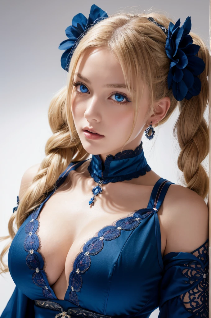 A stunning 32k or 128k resolution studio shot of a beautiful young woman with huge breasts, piercing blue eyes, and twintails blonde hair styled in a whimsical blend of Ainu traditional attire and Gothic ta fashion. She wears a floor-length shiny ball gown adorned with intricate embroidery, lace, and Victorian-inspired elements. Her upper body is the focus, against a plain white background lit by studio lighting. The model's pose features a subtle indentation on her chest, showcasing her impressive décolletage. Her facial expression is calm and alluring, inviting the viewer to gaze deeper into her captivating blue eyes.