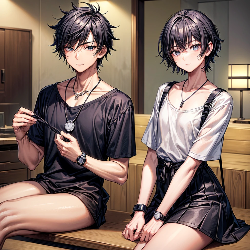 (((best quality))),(((ultra detailed))), ((masterpiece)), (((vivid))), anime, 1 boy, 18 years old appearance, short hair, detailed hair, black hair, messy hair, black eyes, detailed eyes, black t-shirt, silver pendant around the neck, on the left arm a digital watch, ((during the day)), without smiling, calm face, in a Japanese room.
