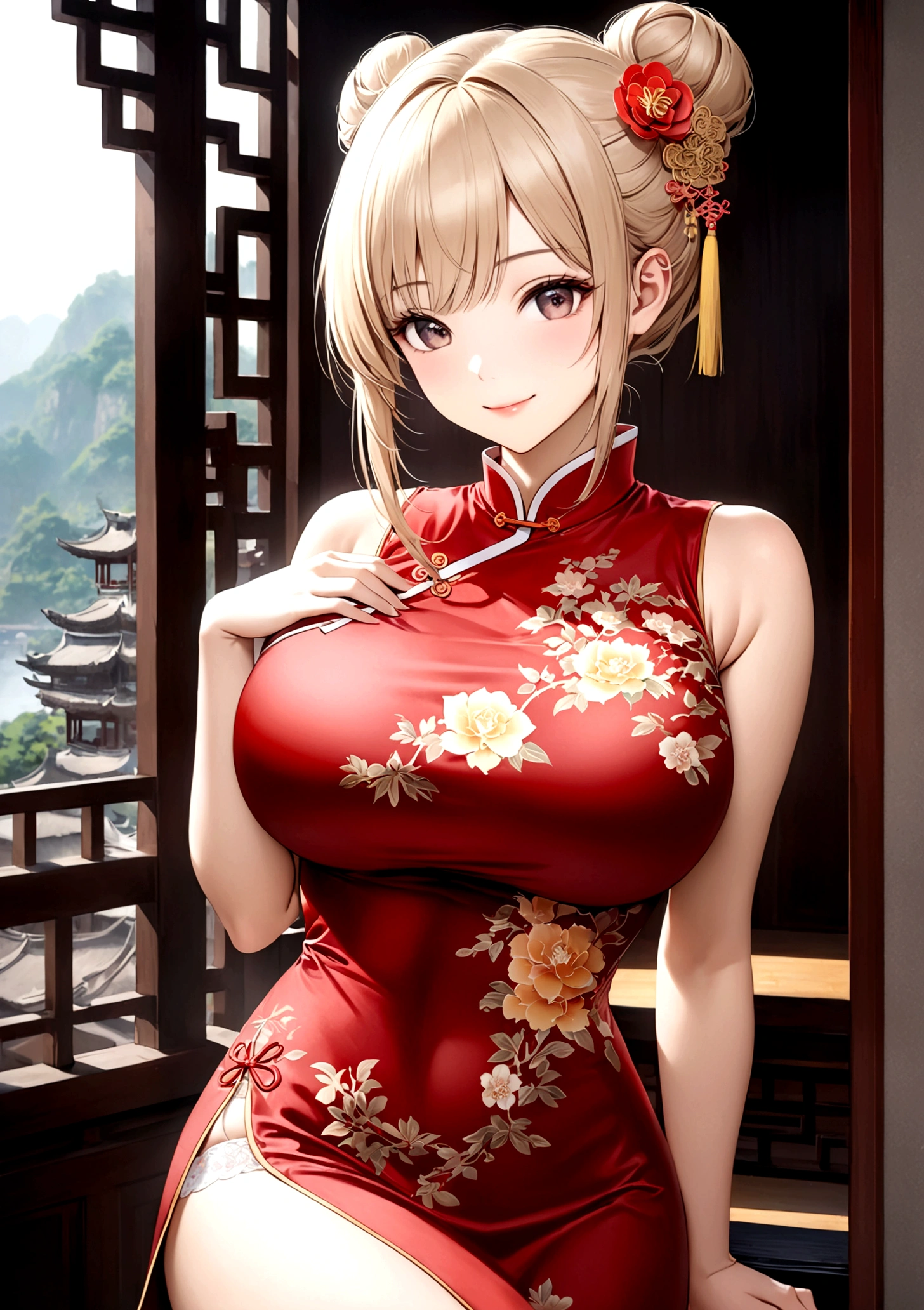 ((detailed beautiful clothes)),(Intricate details),(Extreme detail depiction),HDR,((detailed background)),(High Detail),(Highest quality),(lifelike),(Bust Shot),(Super huge breasts),(Super big breasts),(紧身cheongsam),(cheongsam),(No shoulder),,(Women&#39;s Focus),individual,(Half bun),(Reflective hair),(Cute beauty),(Smile),(Realistic photo),(),(Lace),(修身cheongsam)（红色cheongsam）,(Ultra-thin underwear),（Perfect body proportions）（Perfect Curve）（Delicate skin）