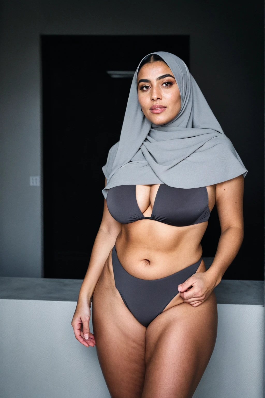 RAW photo,dark,moody,35mm focal lenght,underexposed,cold,candid photograph,artistic,full body,photo of a beautiful,influencer,30yo Kurdish woman,black hijab,detailed skin,naked, looking at viewer, thick body structure,grey background,no background, candid pose,dim room,blue light, film grain, kodak color, instagram LUT