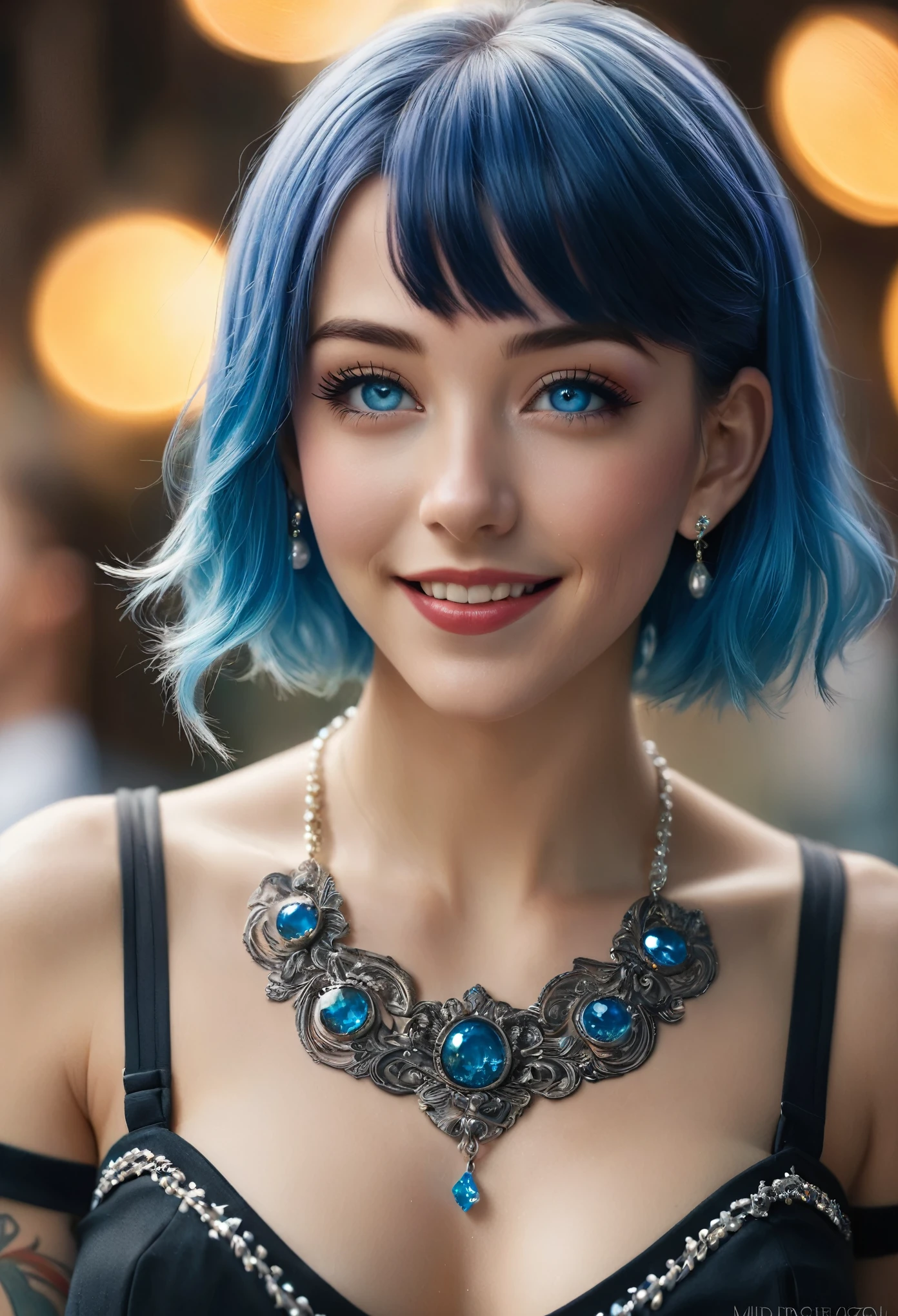 masterpiece, 最high quality, high quality, Very detailed CG uniform 8k wallpaper, One girl, alone, Blue Hair, tattoo, short hair, Have, jewelry, smile, necklace, Looking at the audience, Have, Realistic, Open your mouth, teeth, Upper Body, Best, nose, Bare shoulders, artist name, Black tiara, clavicle, arm tattoo, blue eyes, lips, Blurry, oil, Award-winning photography, bokeh, Depth of written boundary, High resolution, bloom, chromatic aberration, Realism, Very detailed, Art Station Complex, High detail, dramatic, art：Mid Journey