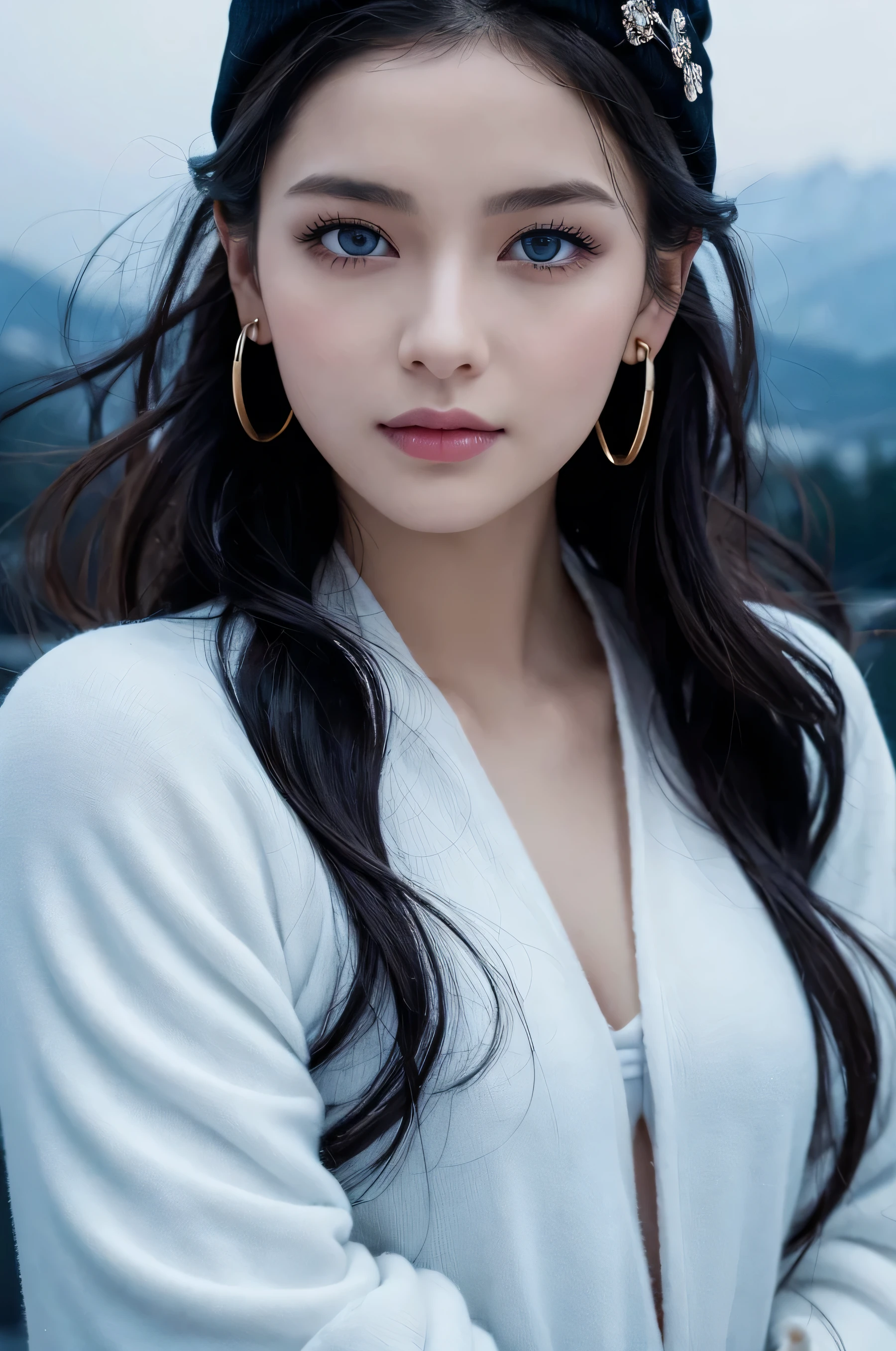 A stunningly beautiful woman with a perfect face, featuring piercing blue eyes and luscious black hair. Her white skin glows in the cinematic lighting, accentuating her little smile and sensual pose. Zoomed in on her face, the RAW photo captures every detail in 16K resolution, with vibrant colors and high contrast.

She wears a beanie and snowboarding gear, standing on a ski slope surrounded by snow-capped mountains. Her long curly black hair flows down her back like a river of night. A small earring adorns her ear, as she gazes directly at the viewer with an irresistible gaze.

Her skin is illuminated by sidelighting, highlighting every curve and contour. Frosty lips and icy eyeshadow add to her mystical aura, while a white bracelet wraps around her wrist like a symbol of innocence. The overall atmosphere is dark and eerie, reminiscent of necronomicon art and Egon Schiele's hauntingly beautiful illustrations.

In the background, a haze hangs over the Chinese palace at night, with a cityscape visible in the distance. Her hair features intricate flowers, adding to the hyperrealistic details that make this artwork truly breathtaking.