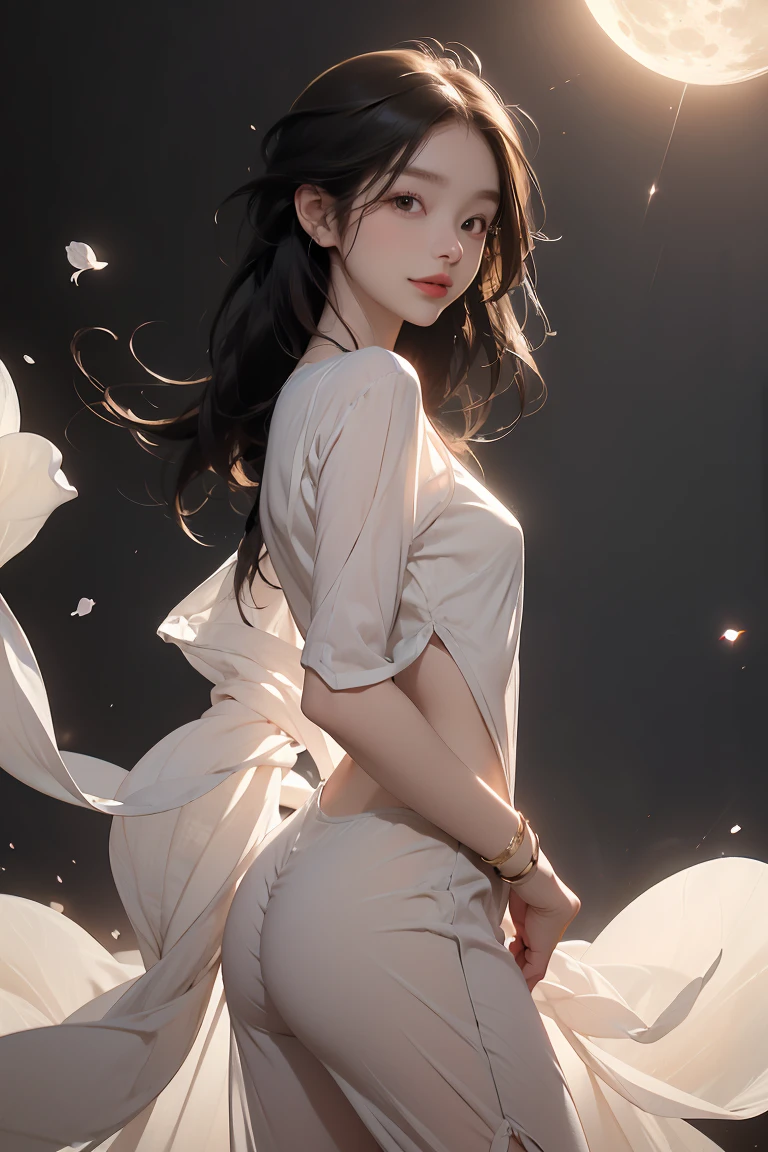 (masterpiece), best quality, expressive eyes, perfect face, genshin impact, archon venti, black hair, flat chest, 1boy, happy, ethereal, elegant, glowing flowers, iridescence, shimmering, light particles, light rays, wind, intricate, half-closed eyes, transparent chiffon night gown, rich color, vivid lighting, hires, see-through clothes, glossy lips, smile, long eyelashes, moon, back lighting, seductive, bride, two braids, young, otoko no ko, slender, small waist, wide hips, 