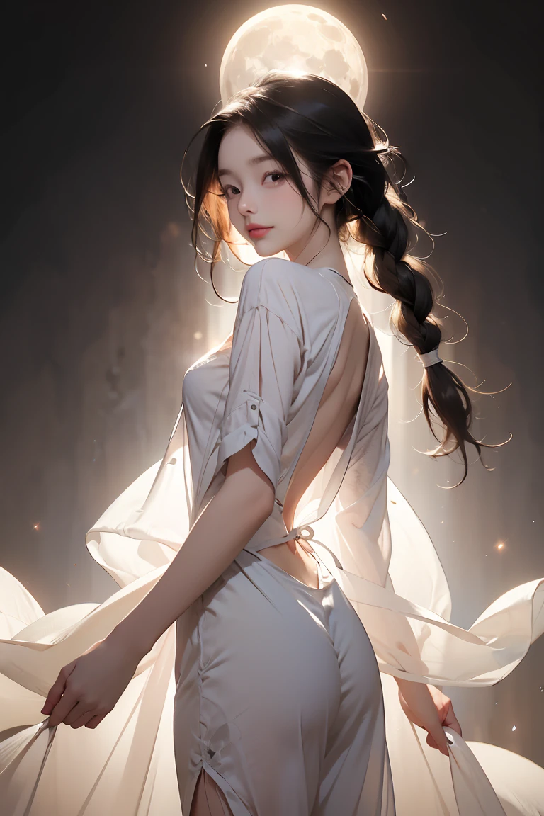 (masterpiece), best quality, expressive eyes, perfect face, genshin impact, archon venti, black hair, flat chest, 1boy, happy, ethereal, elegant, glowing flowers, iridescence, shimmering, light particles, light rays, wind, intricate, half-closed eyes, transparent chiffon night gown, rich color, vivid lighting, hires, see-through clothes, glossy lips, smile, long eyelashes, moon, back lighting, seductive, bride, two braids, young, otoko no ko, slender, small waist, wide hips, 