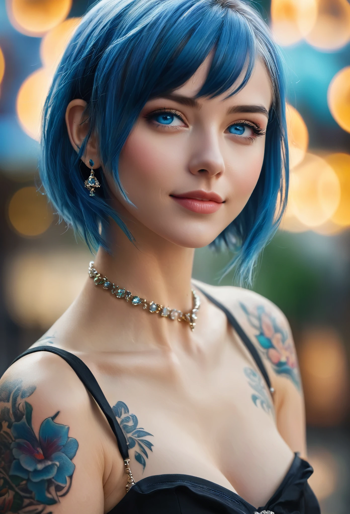masterpiece, 最high quality, high quality, Very detailed CG uniform 8k wallpaper, One girl, alone, Blue Hair, tattoo, short hair, Have, jewelry, smile, necklace, Looking at the audience, Have, Realistic, Open your mouth, teeth, Upper Body, Best, nose, Bare shoulders, artist name, Black tiara, clavicle, arm tattoo, blue eyes, lips, Blurry, oil, Award-winning photography, bokeh, Depth of written boundary, High resolution, bloom, chromatic aberration, Realism, Very detailed, Art Station Complex, High detail, dramatic, art:Mid Journey