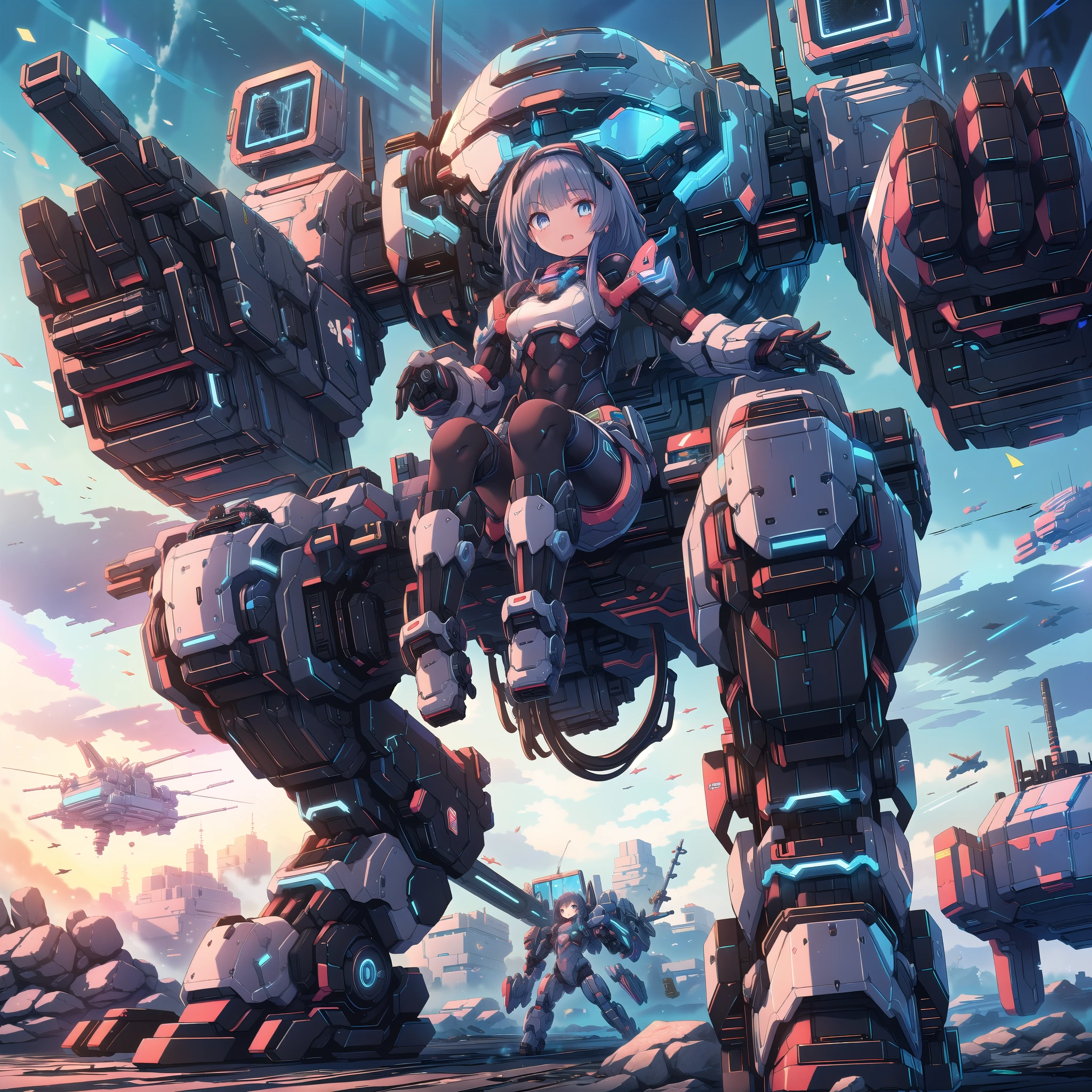 (masterpiece:1.2), best quality, high resolution, extremely detailed CG, absurdres, highres, Sci-fi world where a girl in bodysuit sits inside a machine with giant robot arms and legs on a battlefield, and the girl holds the lever of the machine,Colorful portraits