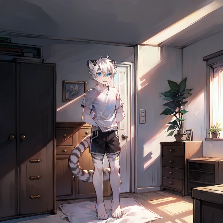ager, Short white hair, ear, Lower Body, bedroom,Standing,hairy, White hair everywhere, White hair everywhere, White Tiger, Tiger Tail, masterpiece, High quality portrait, Humanoid, youth style, posture, panoramic, White Tiger型, White short sleeve, Black shorts, super Handsome face, Handsome, Tiger Youth, blue eyes, White Tiger, white ear, barefoot