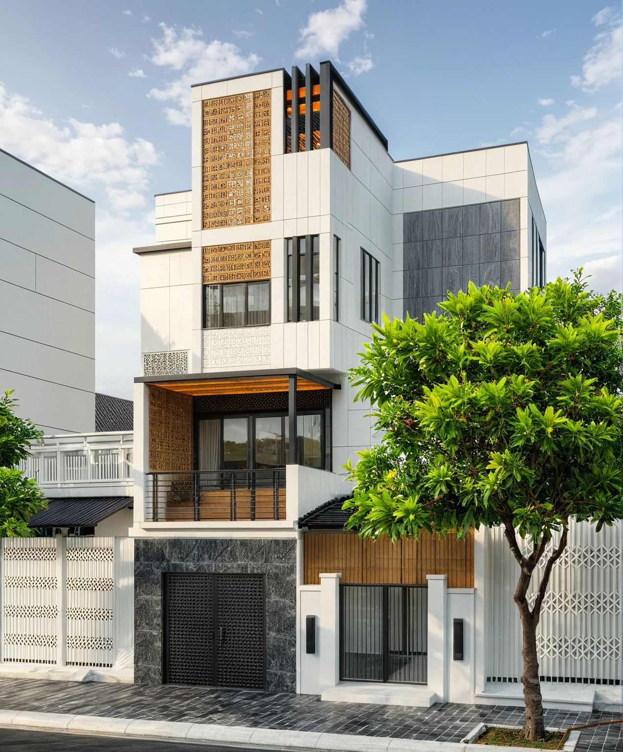 modern villa on street, (daylight), tropical tree, (slope roof, black tiled roof:1.2), vivid color, streetcapes, nice sky, grey tone, large glass door, warm interior lighting, modern material, best quality, ultra realistic, masterpiece, 17ArchiAI_XL_VL-v1