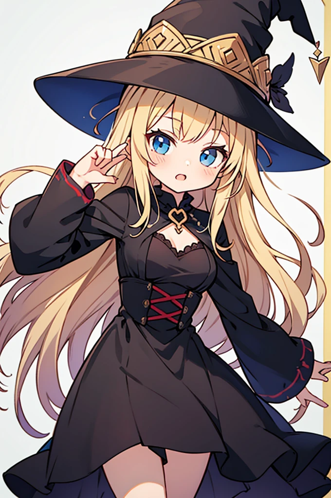 anime style,loli girl wearing black witch dress and hat,
blonde_long_hair,medium breasts,