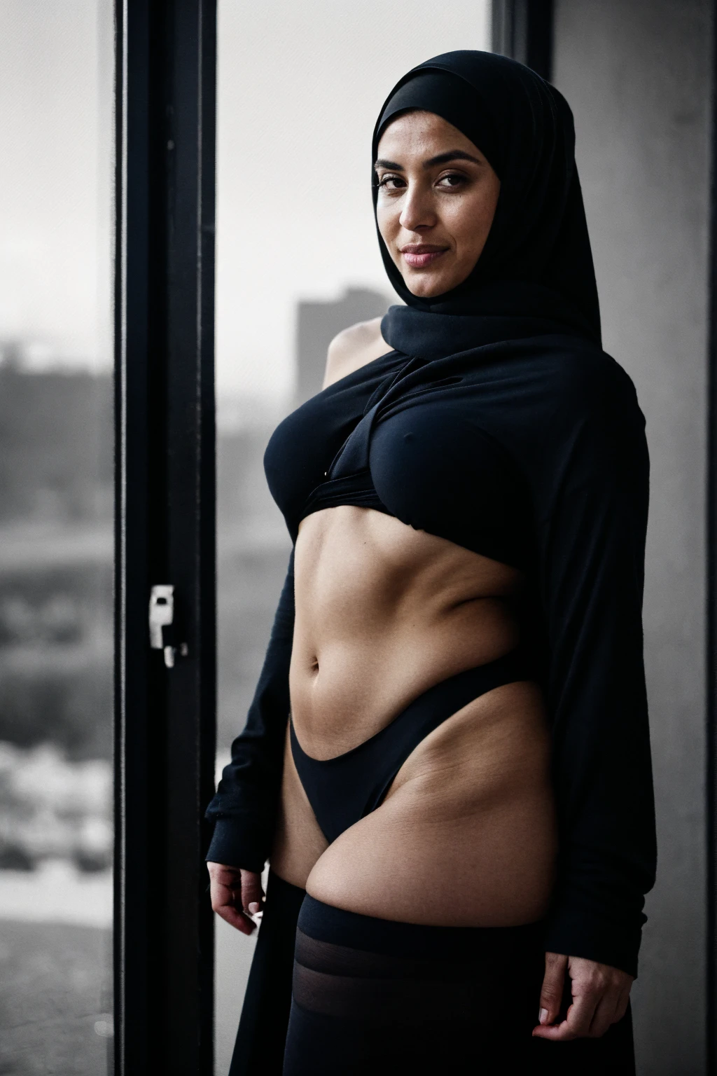 RAW photo,dark,moody,hazy atmosphere,35mm focal lenght,underexposed,cold,candid photograph,artistic,full body,photo of a beautiful,influencer,30yo Moroccan woman,hijab,detailed skin,naked, looking away from viewer, thick body structure,grey background,no background, candid pose,dim room,blue light, film grain, kodak color, instagram LUT