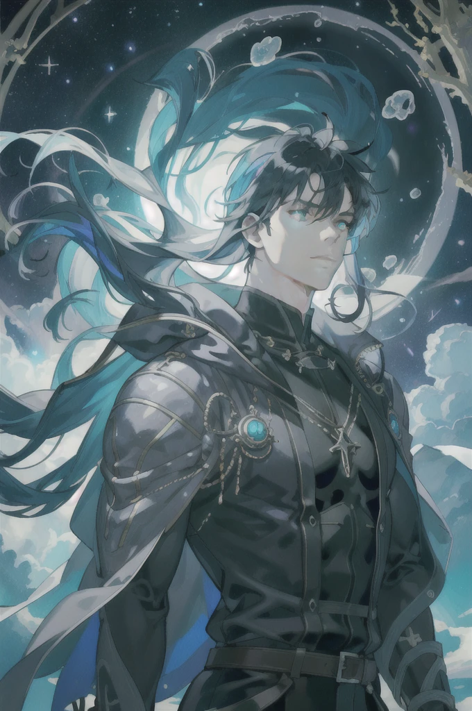 masterpiece, best quality, 1 male, adult, mature, tall muscular guy, Dark theme, Magic circle, bubble, rainbow Sunlight, Underwater, Reflected mirror, floating piece of Glass, Rainbow light, Bubble Swirling, wind Swirling, Aurora, fantasy scenery, Starlight around the character, (upper body)