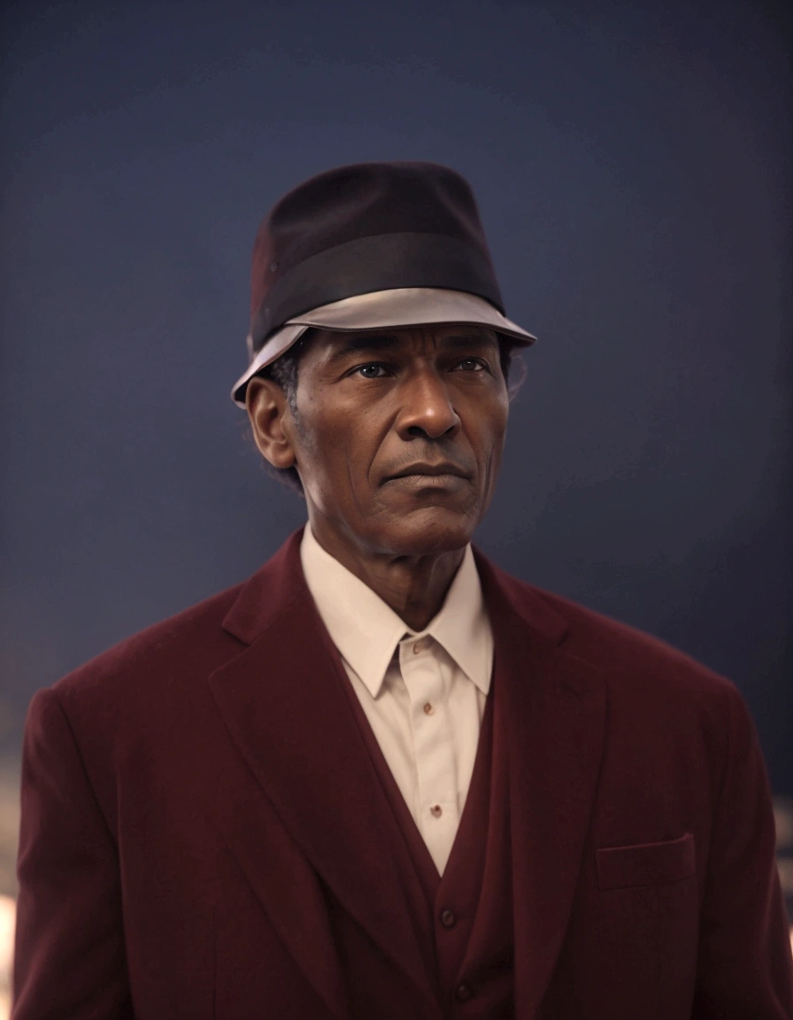 A man old suit dark red hat black, high detailed, very detail, photography