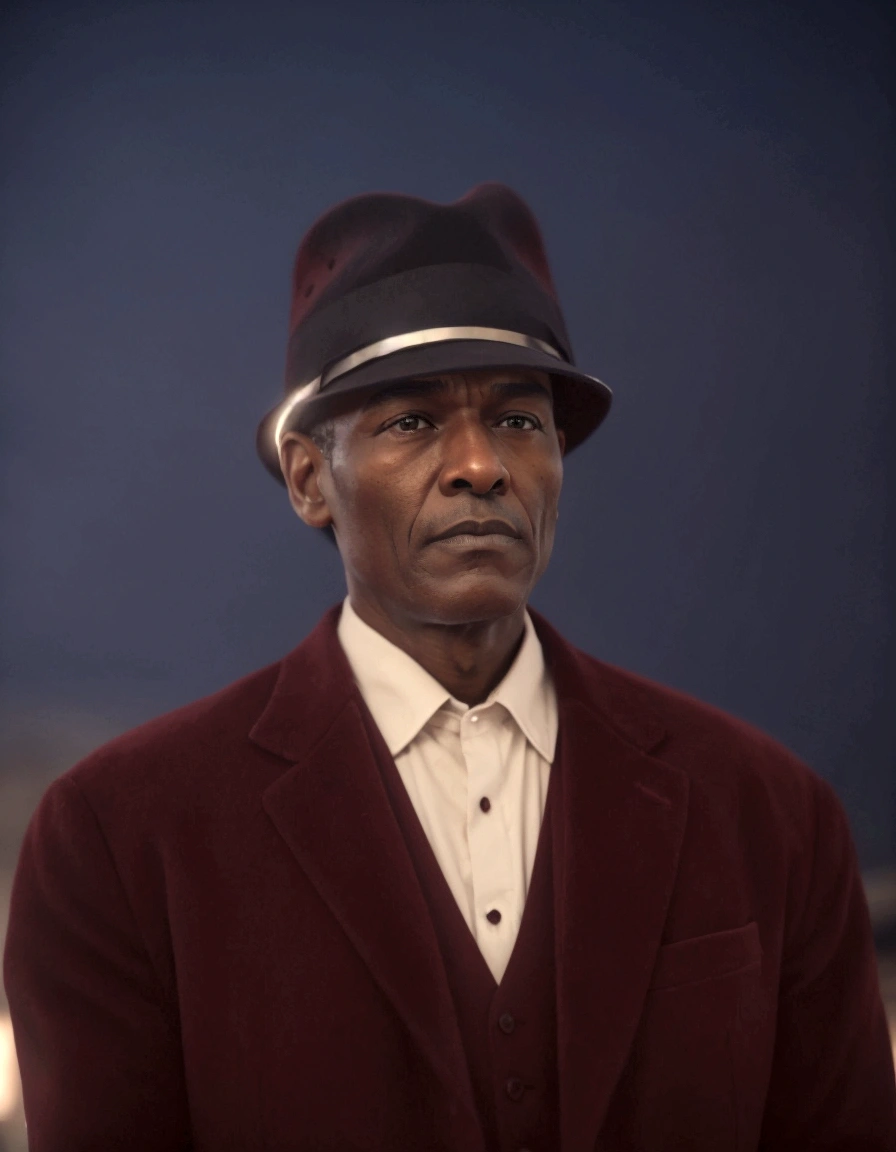 A man old suit dark red hat black, high detailed, very detail, photography