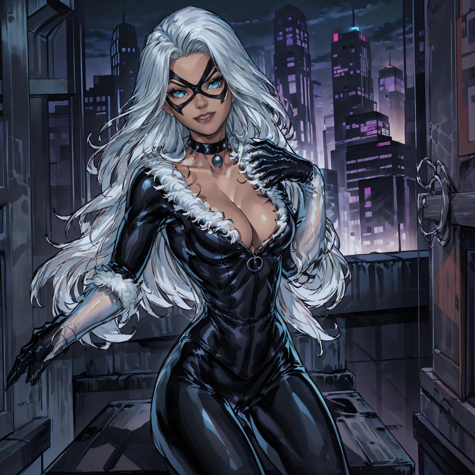 CARTOON_felicia_blackcat_ownwaifu, www.ownwaifu.com, ((long white hair, glowing blue eyes, makeup, narrow waist, skinny, medium breasts)), pelvic curtain, ((bodysuit,domino mask,gloves,choker,white gloves,collar,superhero,black bodysuit,fur trim,cleavage,skin tight,zipper,spiked collar,unzipped,jewelry,black choker,latex,shiny)), full body, perfect body, (insanely detailed, beautiful detailed face, masterpiece, best quality) , (((solo))), (((1girl))), (((mature))), (extremely detailed 8k paper CG wall unit: 1.1), (rooftop, city, night), (smile face for the viewer), eropose, behind, underbutt, below                