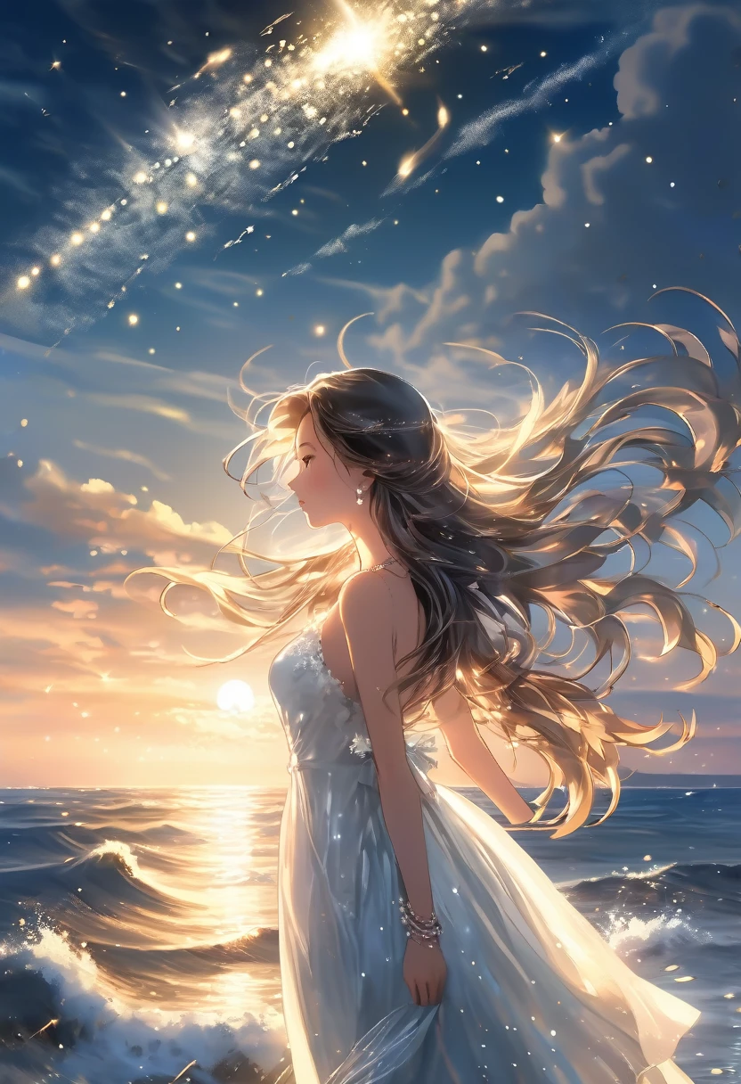 (Best Quality) (Best Masterpiece) Woman with long hair standing in moonlit sea, wearing white dress, sky shining with meteor shower.