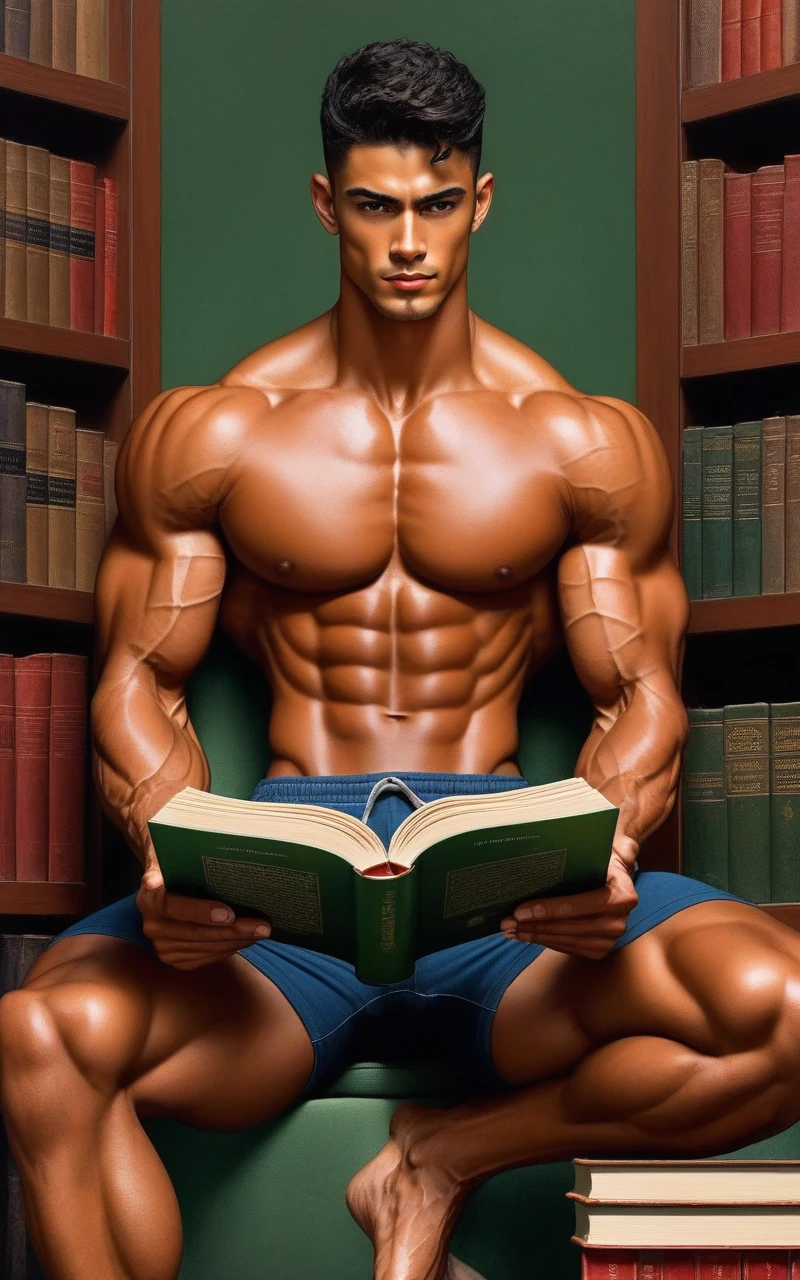 fullbody, In leng jun and norman rockwell art style, hd, 8k resolution, fullbody, 16k resolution, hd, fullbody, front view A young man, latino, cinnmon skin, thin face, straight nose, thin lips, square chin, large black eyes, short black, wavy hair, in roberto ferri style, aesthetic slim athletic body, very tall, latino, realistic skin, gorgeous, realistic detailed tonned muscles, barefoot, perfect anatomy, muscled fitness body, 195cm tall, realistic skin, skinny realistic detailed muscles, he is sitting, reading a book wearing small green tong, highlights the muscle definition and separation in the thighsnaked barefoot, perfect detailed feet, relaxed body lenguaje, relaxed face expresion. ((low angle view, storbe lighting, Leading Lines composition )) background fancy library colored in varius red tones fullbody, hyper detailed scene, ,penis