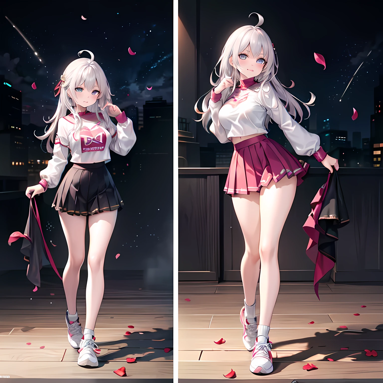 realistic image, detailed image, coherent image, 1 beautiful girl, she has very long hair, white hair, light blue eyes, smiling expression. She is wearing a long-sleeved t-shirt, showing her navel, a pleated miniskirt, sneakers, She has a curvy body, medium and thick thighs, She is posing sensually, lifting her skirt a little, arching her back, black background, uniform background, starry night, flower petals falling around, Soft focus, full body view, Dramatic shadows, Volumetric lighting, natural lighting,Alisa Mikhailovna Kujou,ahoge