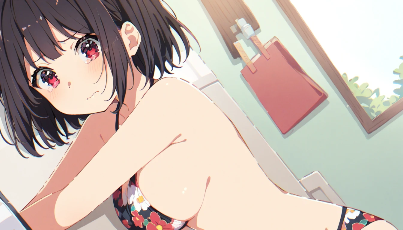 One girl with black bob hair、Upper body naked、Boobs fully exposed、Floral print panties、Standing posture、Sugata Class、Shyness、Crying face、resistance