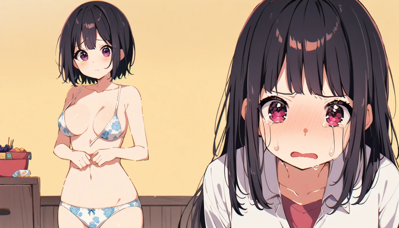 
One girl with black bob hair、Upper body naked、Boobs fully exposed、Floral print panties、Standing posture、Sugata Class、Shyness、Crying face、resistance
