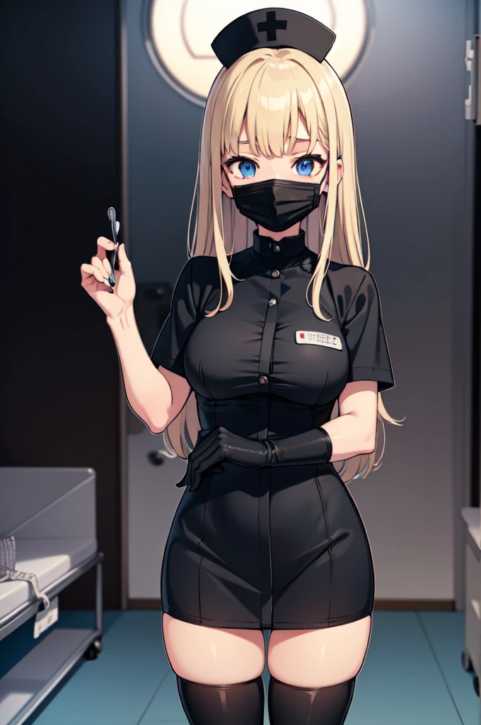 black nurse, 1woman, solo, black nurse cap, black nurse uniform, ((black legwear, zettai ryouiki)), black elbow gloves, blonde hair, blue eyes, ((black surgical mask, covered nose)), standing, ((surgery room)), sharp outline, short sleeves, mature female, 35 years old, best quality, masterpiece