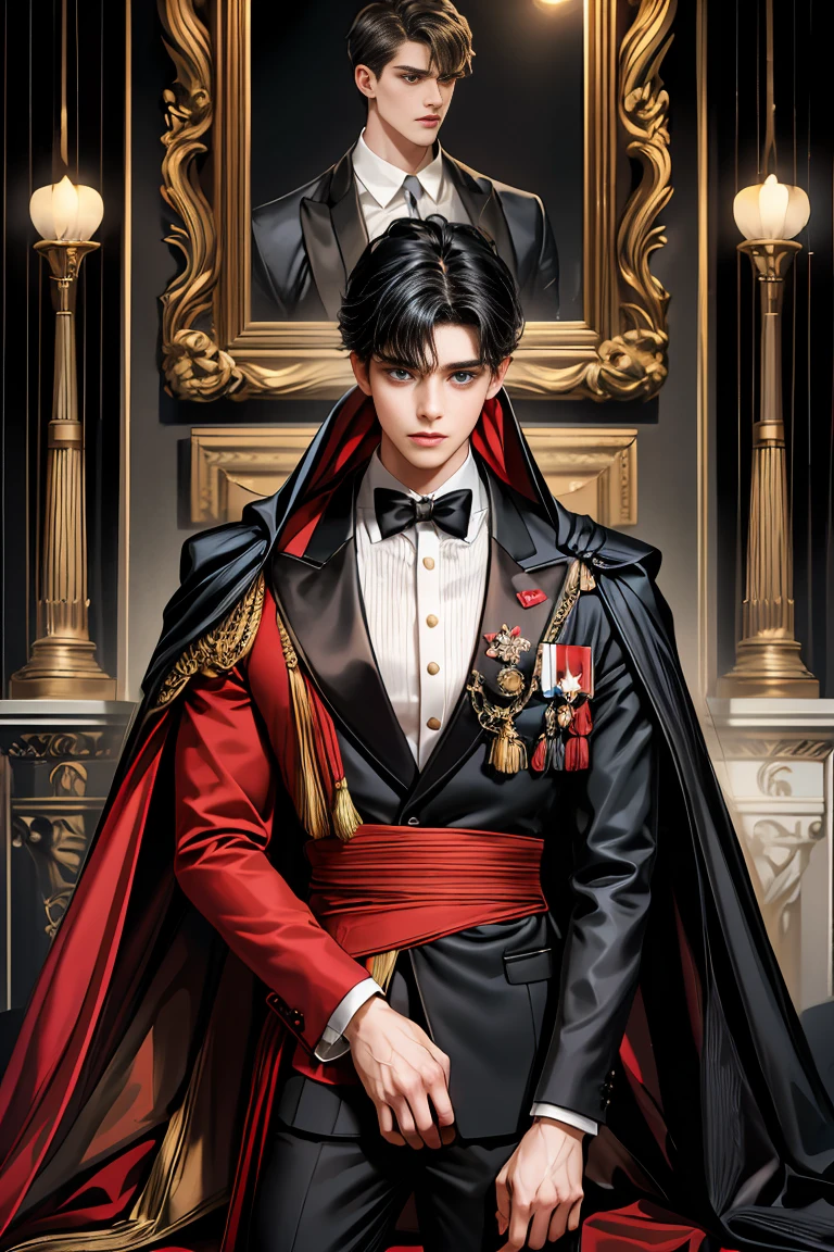 masterpiece, 最high quality, high quality, 1 boy, alone, Male focus, Watching the audience, Messy black hair, Adorable big blue eyes, White people, Noble, Noble,Sexy voluminous black and red cape、Tuxedo、A very voluminous, large, very large, very large, long, long red and black cape with a high stand-up collar, reaching down to the floor, made of a lot of fabric., ,Cute beautiful boys,Cute, cute, kind, handsome guy