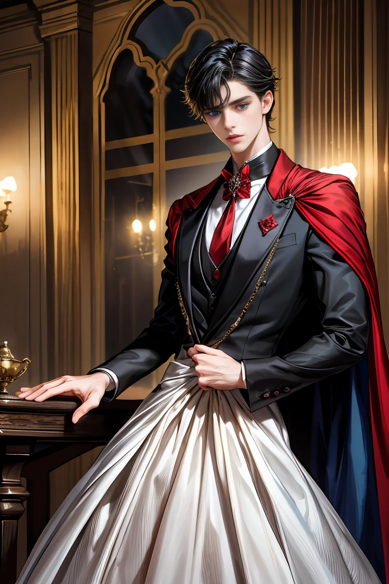 masterpiece, 最high quality, high quality, 1 boy, alone, Male focus, Watching the audience, Messy black hair, Adorable big blue eyes, White people, Noble, Noble,Sexy voluminous black and red cape、Tuxedo、A very voluminous, large, very large, very large, long, long red and black cape with a high stand-up collar, reaching down to the floor, made of a lot of fabric., 17 years old,Cute beautiful boys,Cute, cute, kind, handsome guy